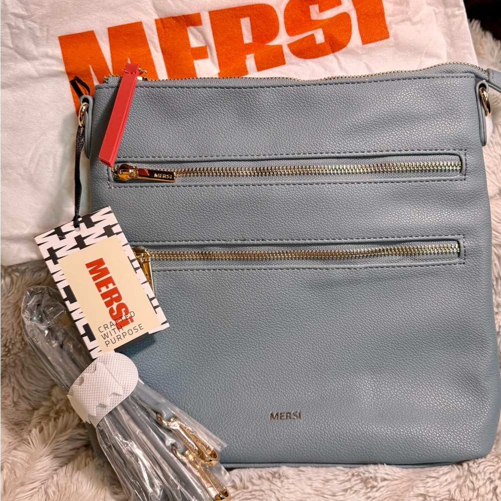 MERSI Blue Vegan Leather Crossbody Bag NWT Adjustable Strap